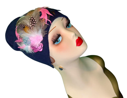 Fancy Feathered Jeweled Knit Hat - Fashionable Statement Winter Flapper Beanie - Luxury Skiing Hat
