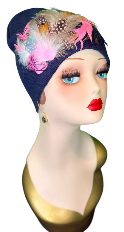 Fancy Feathered Jeweled Knit Hat - Fashionable Statement Winter Flapper Beanie - Luxury Skiing Hat