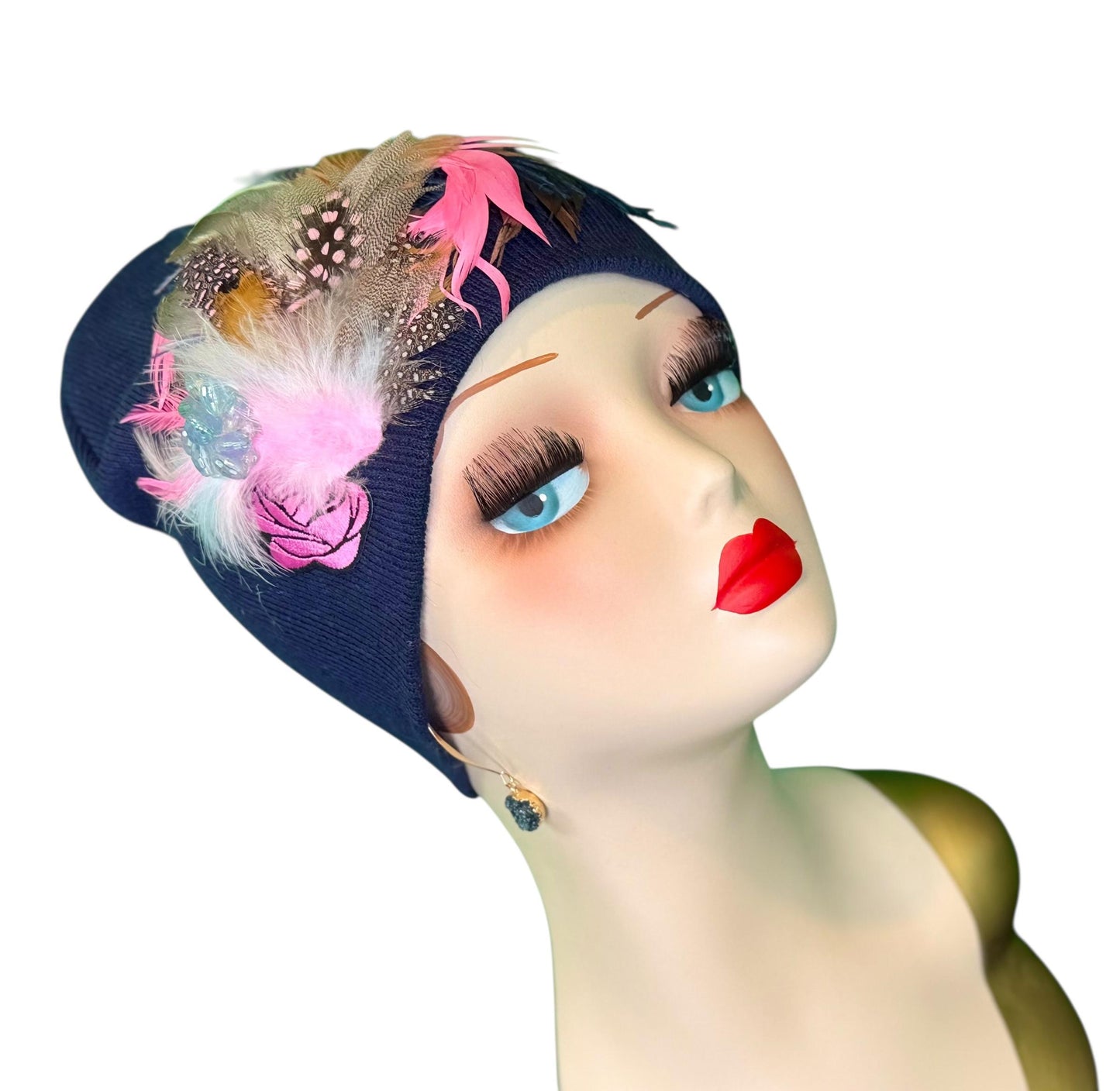 Fancy Feathered Jeweled Knit Hat - Fashionable Statement Winter Flapper Beanie - Luxury Skiing Hat