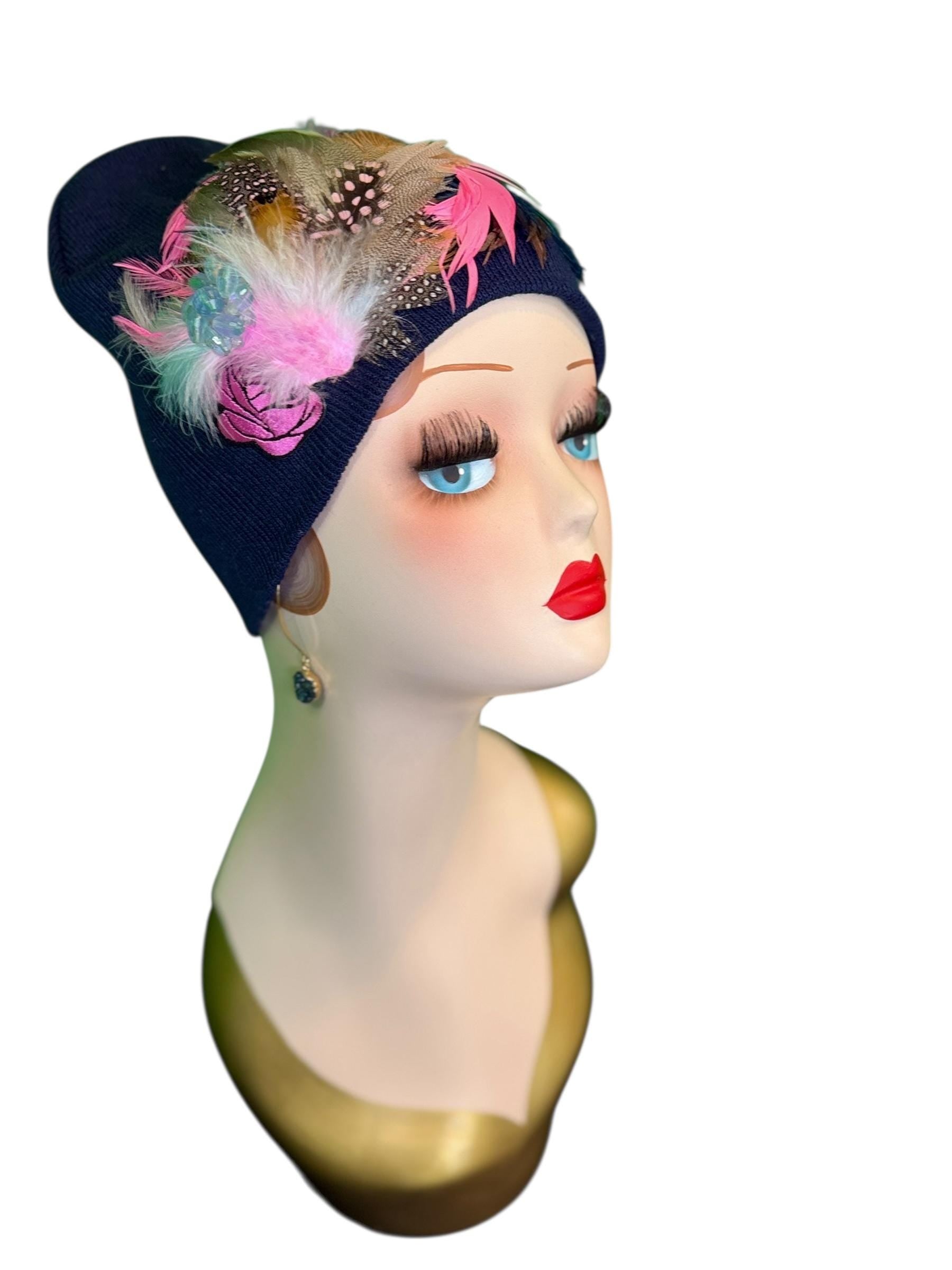 Fancy Feathered Jeweled Knit Hat - Fashionable Statement Winter Flapper Beanie - Luxury Skiing Hat
