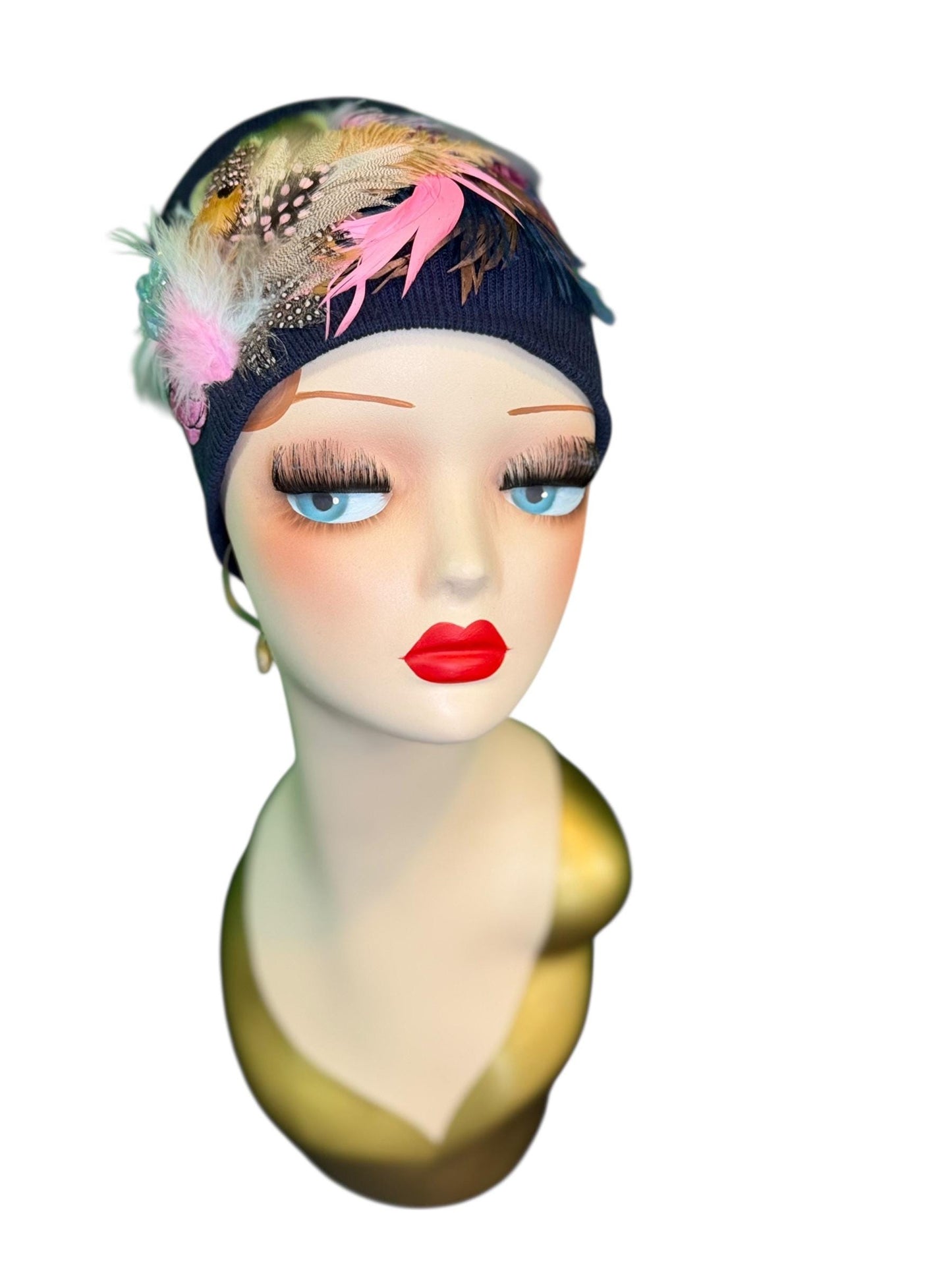 Fancy Feathered Jeweled Knit Hat - Fashionable Statement Winter Flapper Beanie - Luxury Skiing Hat