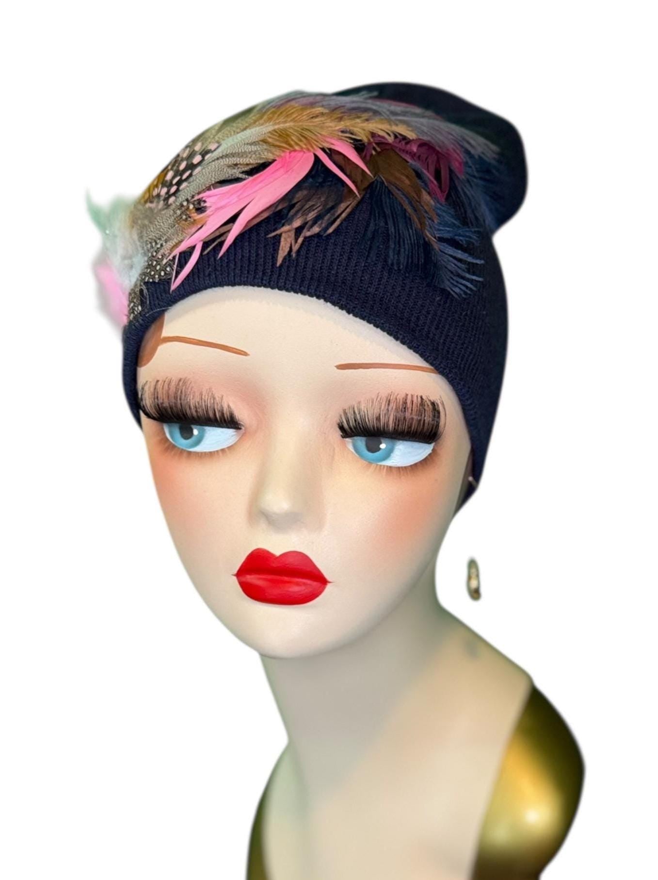 Fancy Feathered Jeweled Knit Hat - Fashionable Statement Winter Flapper Beanie - Luxury Skiing Hat
