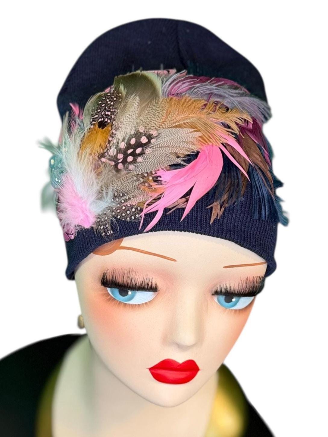 Fancy Feathered Jeweled Knit Hat - Fashionable Statement Winter Flapper Beanie - Luxury Skiing Hat