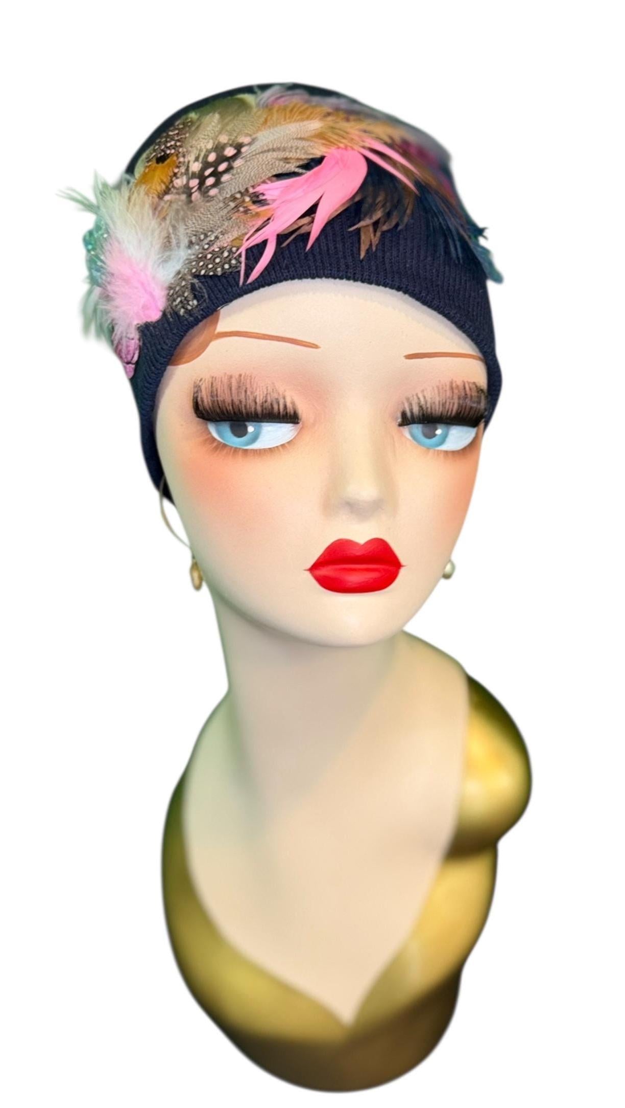 Fancy Feathered Jeweled Knit Hat - Fashionable Statement Winter Flapper Beanie - Luxury Skiing Hat
