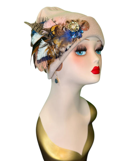 Fancy Feathered Jeweled Knit Beanie Winter Flapper Vintage Style