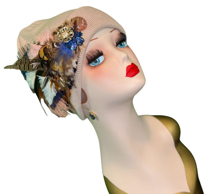 Fancy Feathered Jeweled Knit Beanie Winter Flapper Vintage Style
