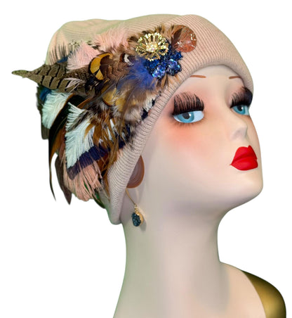 Fancy Feathered Jeweled Knit Beanie Winter Flapper Vintage Style