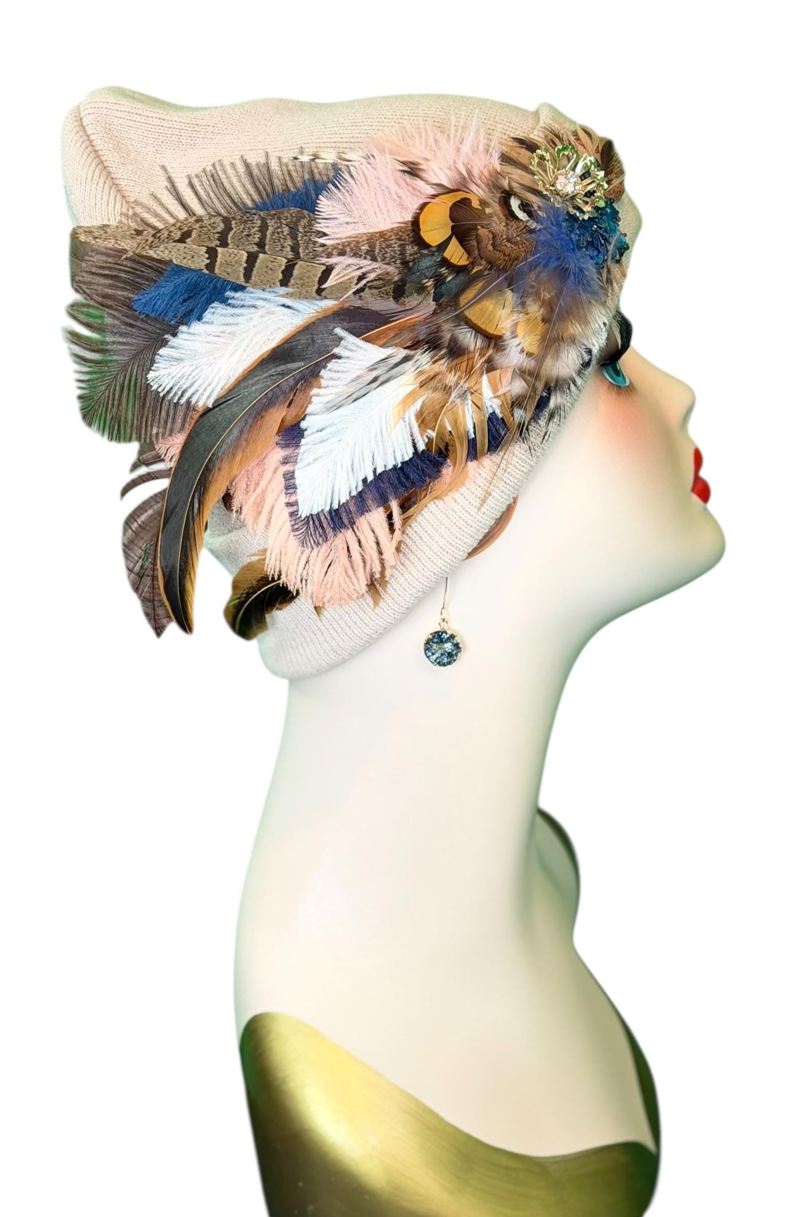 Fancy Feathered Jeweled Knit Beanie Winter Flapper Vintage Style