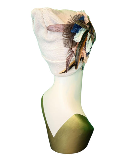 Fancy Feathered Jeweled Knit Beanie Winter Flapper Vintage Style