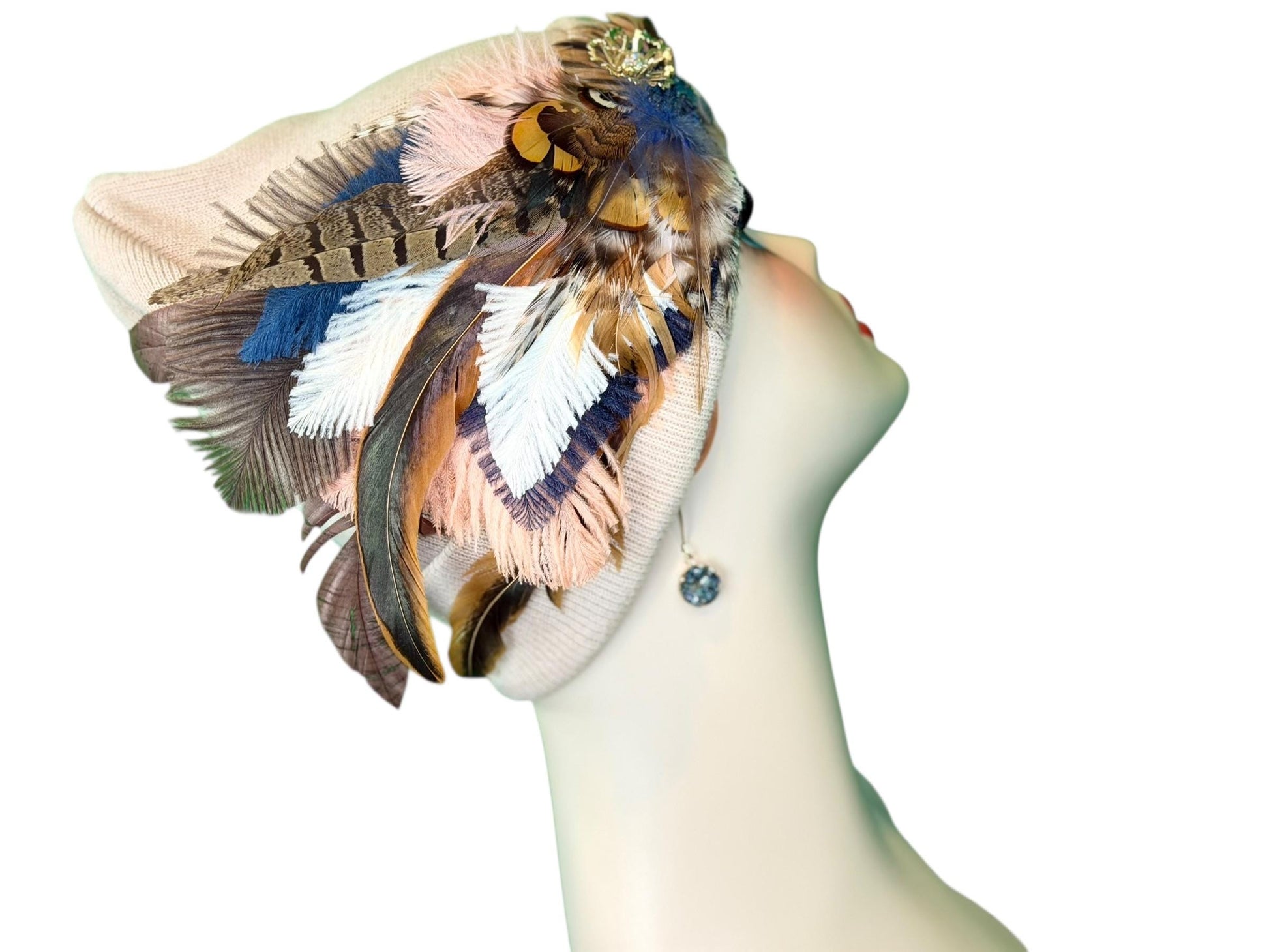 Fancy Feathered Jeweled Knit Beanie Winter Flapper Vintage Style