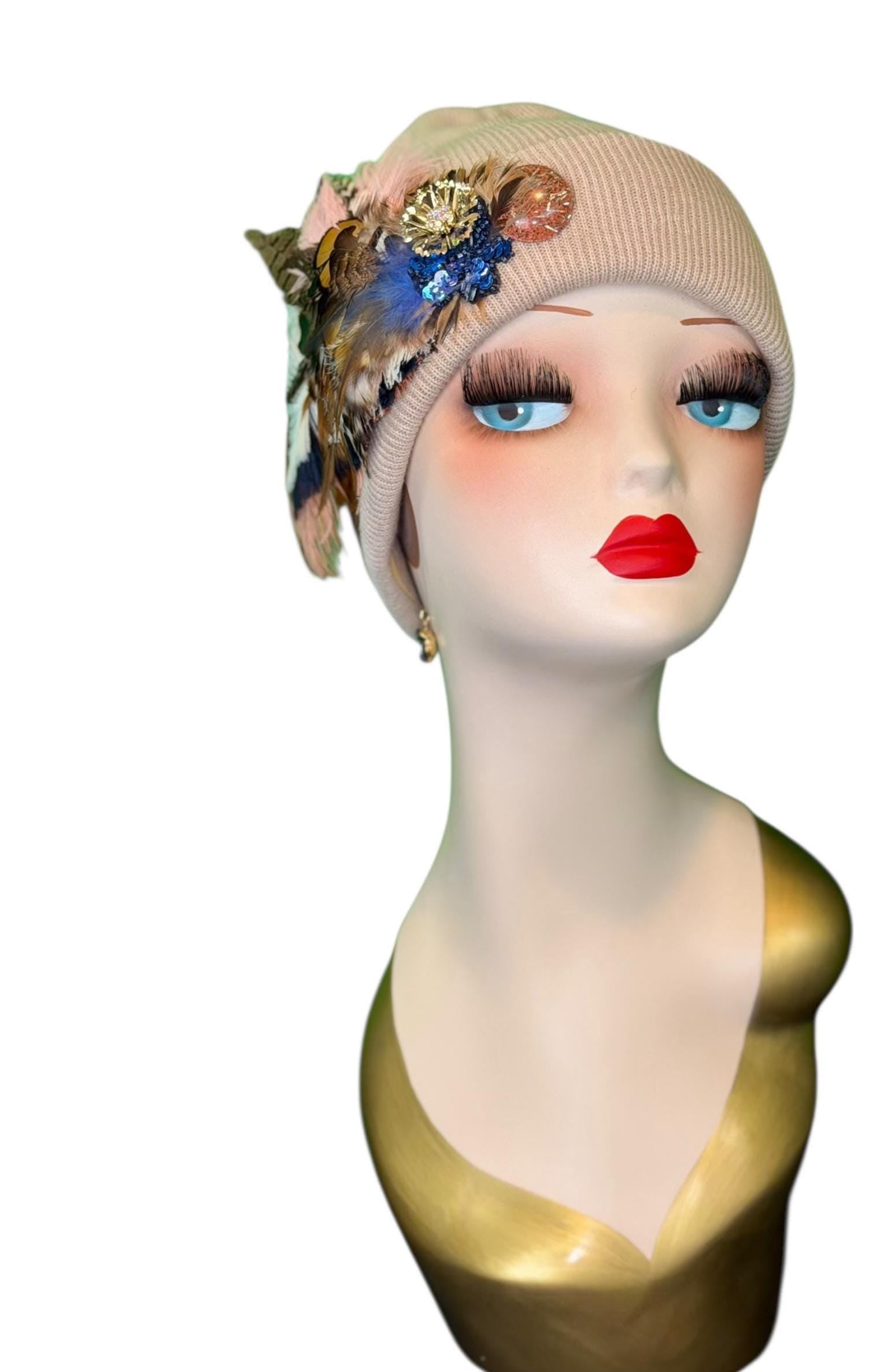 Fancy Feathered Jeweled Knit Beanie Winter Flapper Vintage Style