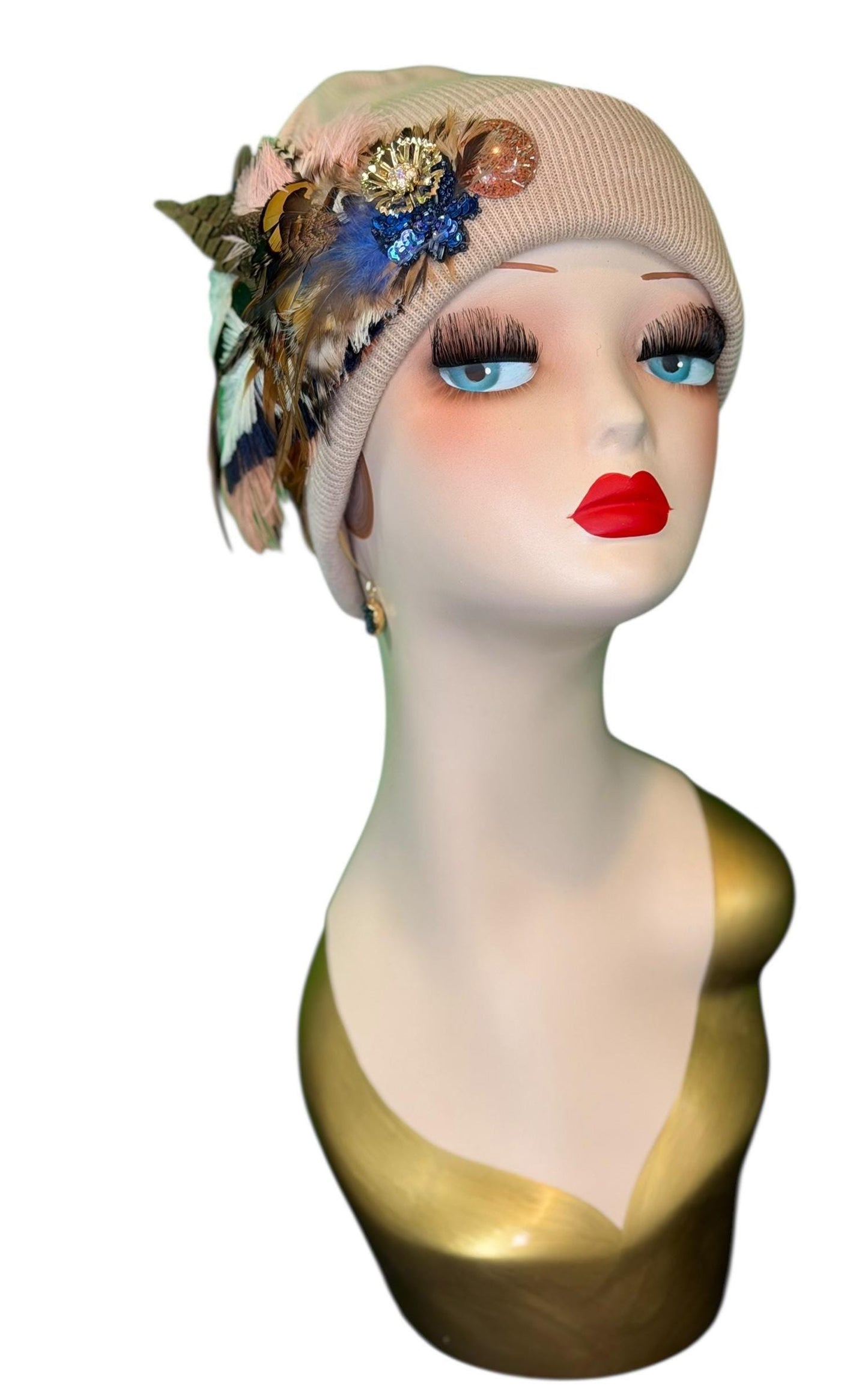 Fancy Feathered Jeweled Knit Beanie Winter Flapper Vintage Style