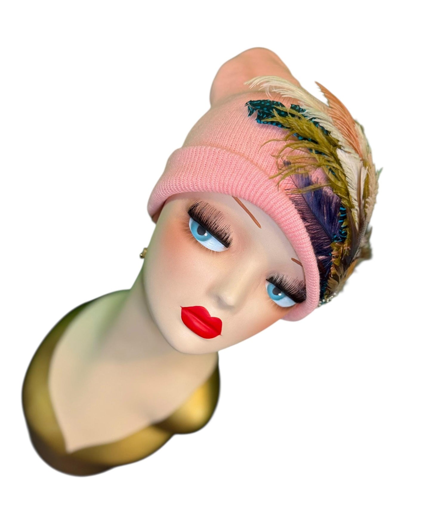 Bumblebee Jeweled & Feather Knit Hat - Fancy Sparkly Winter Flapper Beanie - Luxury Skiing Hat