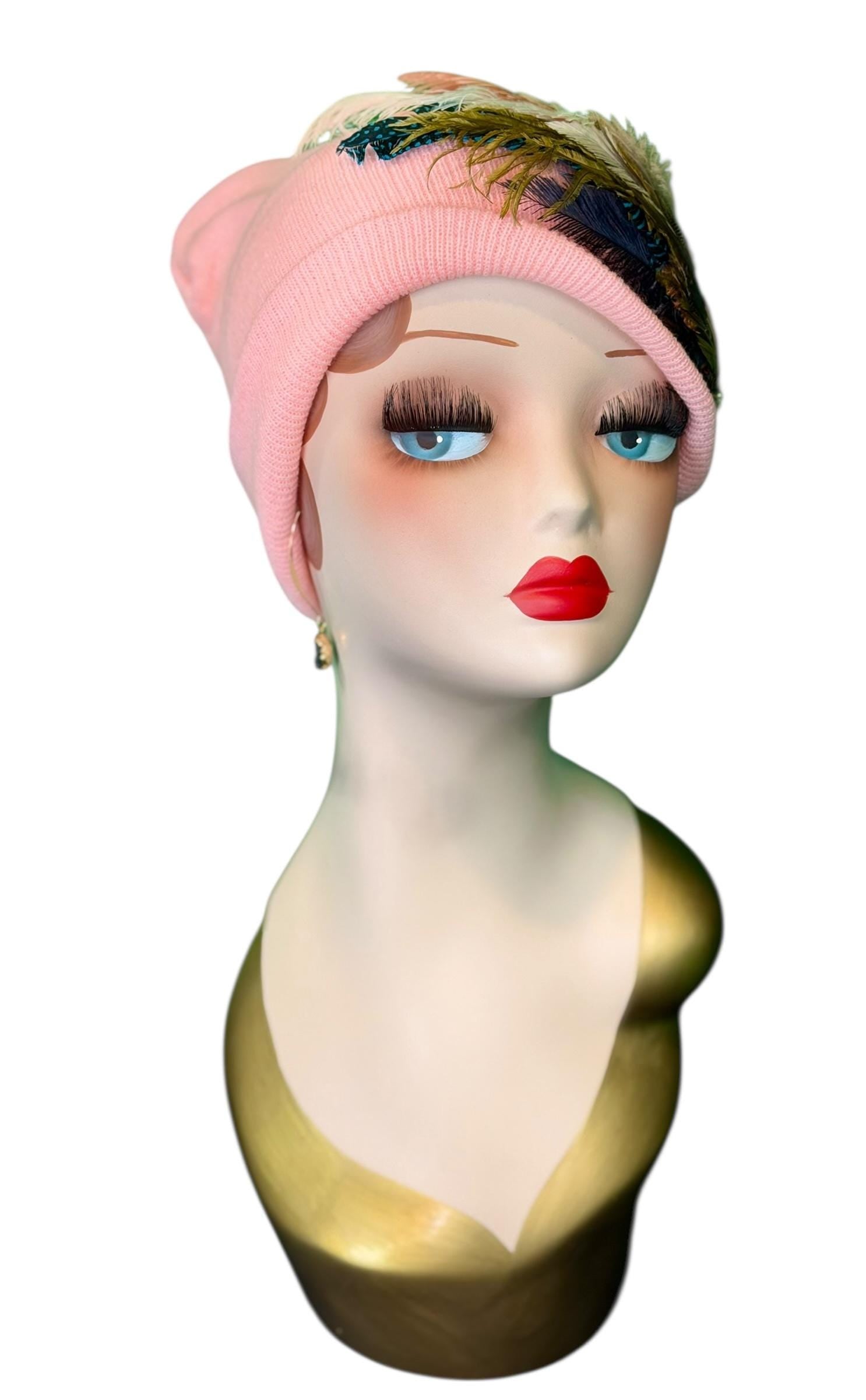 Bumblebee Jeweled & Feather Knit Hat - Fancy Sparkly Winter Flapper Beanie - Luxury Skiing Hat