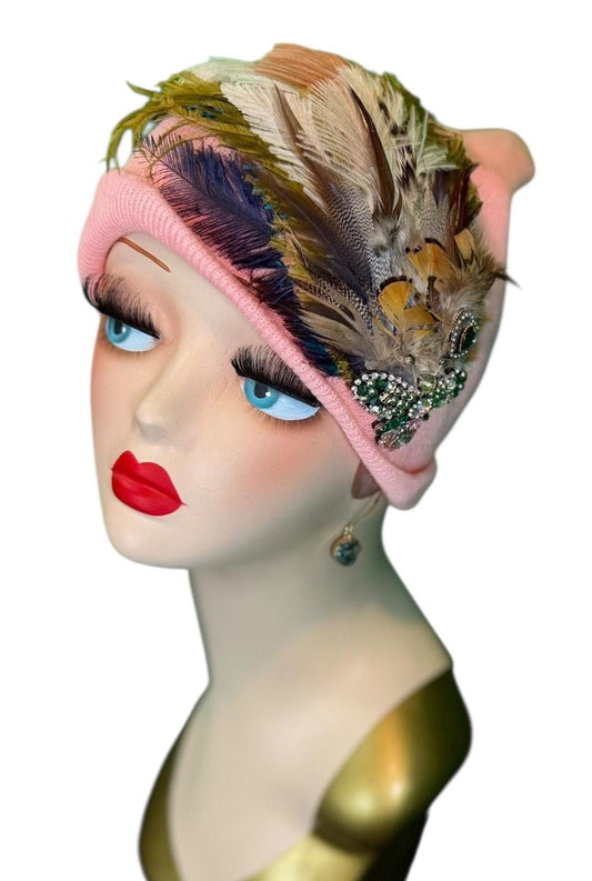 Bumblebee Jeweled & Feather Knit Hat - Fancy Sparkly Winter Flapper Beanie - Luxury Skiing Hat