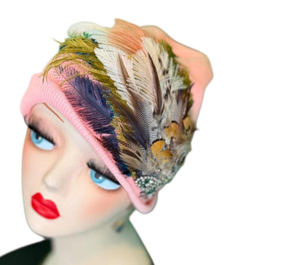 Bumblebee Jeweled & Feather Knit Hat - Fancy Sparkly Winter Flapper Beanie - Luxury Skiing Hat