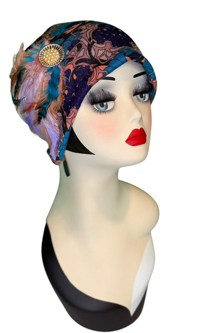 Elegant Roaring 20’s Vibe Feathered Jeweled Hat - Winter Flapper Beanie - Fashionable Skiing Hat