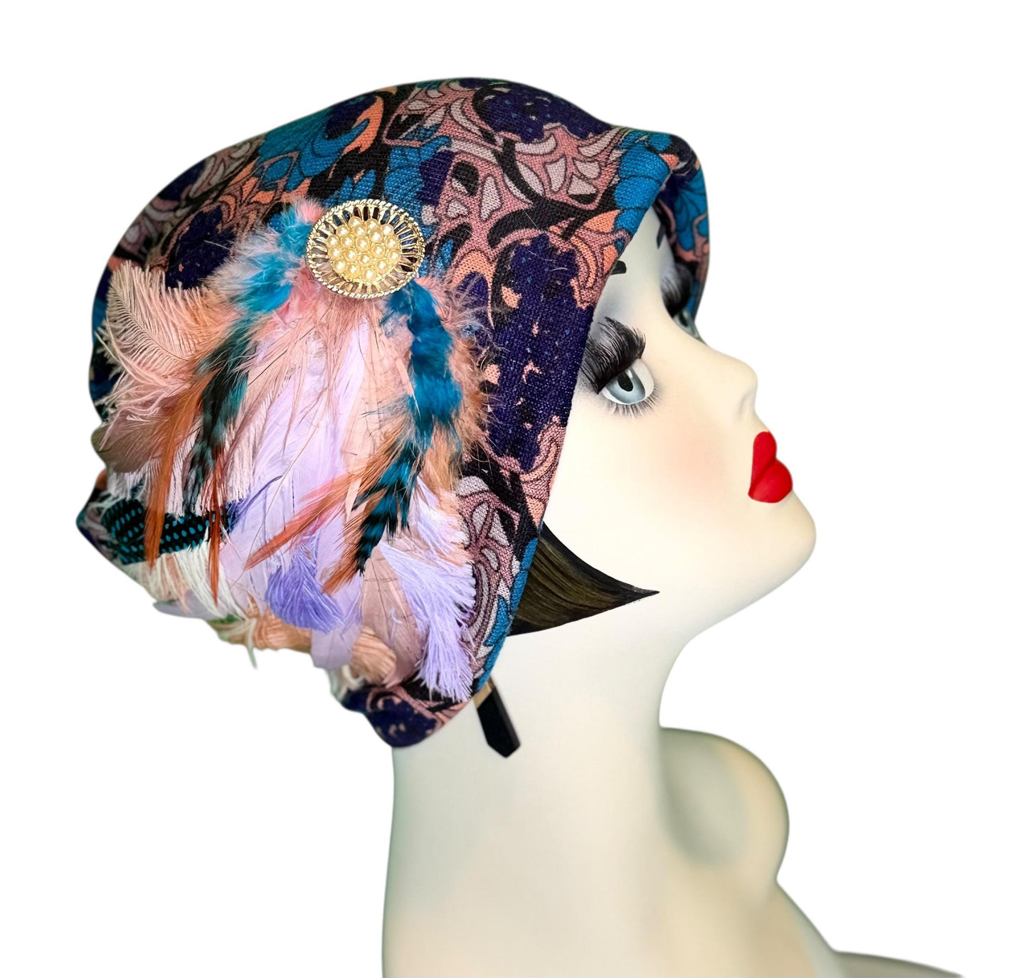 Elegant Roaring 20’s Vibe Feathered Jeweled Hat - Winter Flapper Beanie - Fashionable Skiing Hat