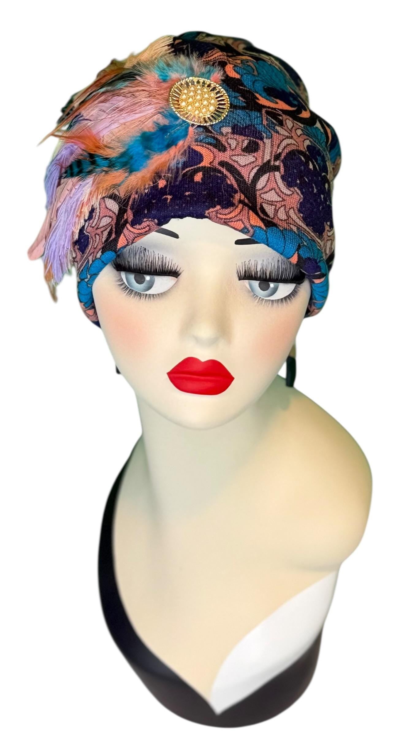 Elegant Roaring 20’s Vibe Feathered Jeweled Hat - Winter Flapper Beanie - Fashionable Skiing Hat