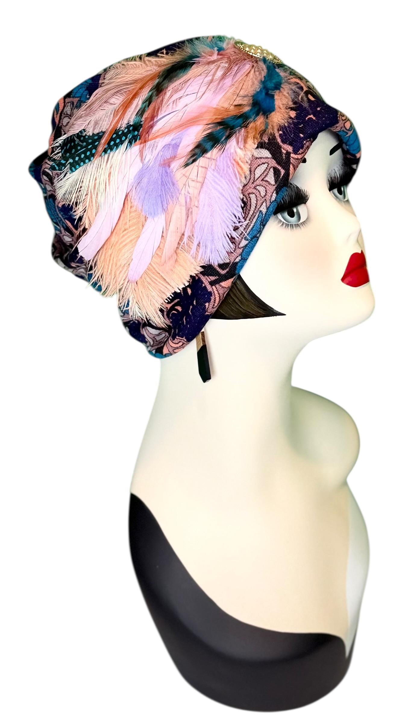 Elegant Roaring 20’s Vibe Feathered Jeweled Hat - Winter Flapper Beanie - Fashionable Skiing Hat