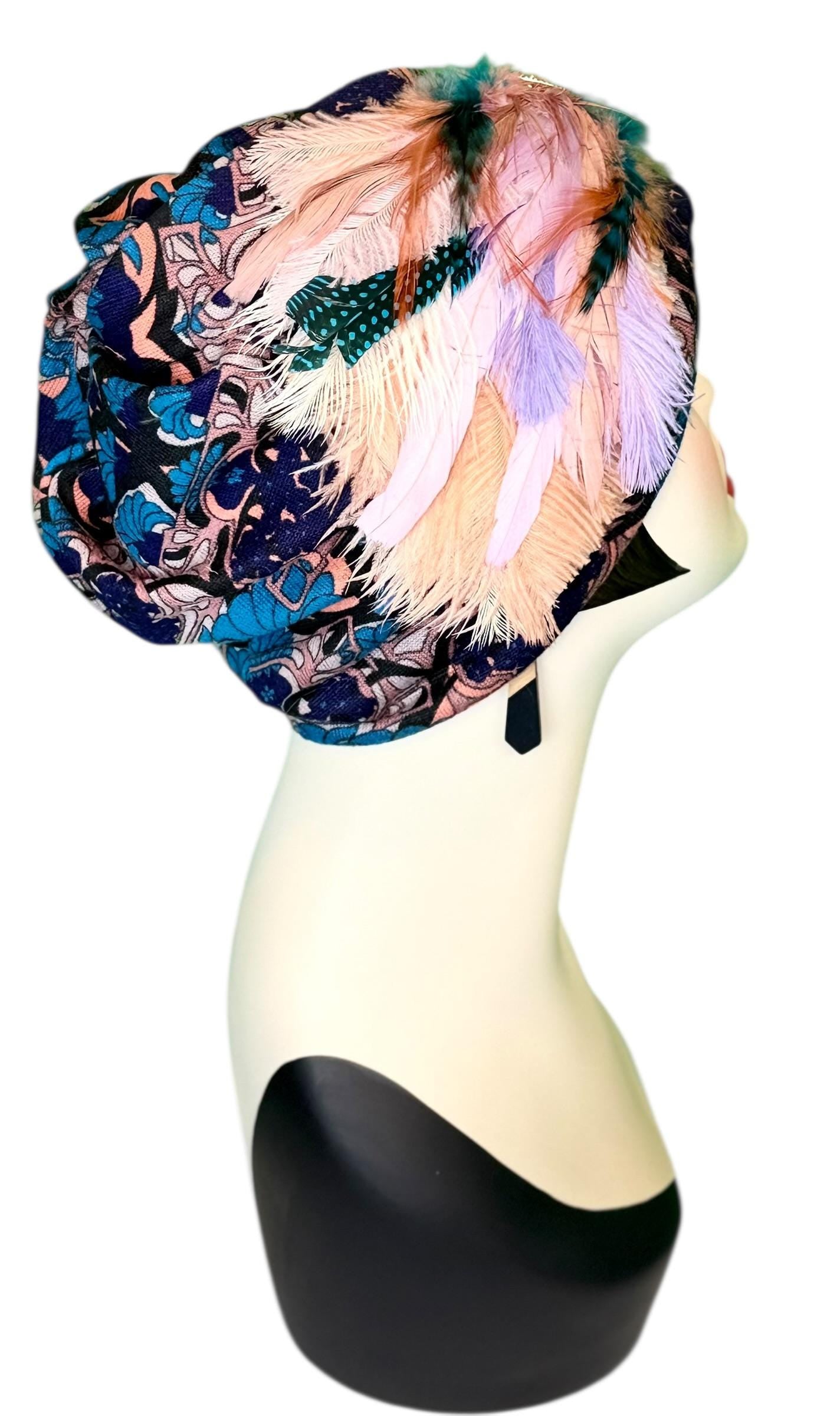 Elegant Roaring 20’s Vibe Feathered Jeweled Hat - Winter Flapper Beanie - Fashionable Skiing Hat