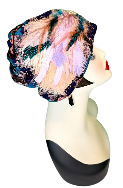 Elegant Roaring 20’s Vibe Feathered Jeweled Hat - Winter Flapper Beanie - Fashionable Skiing Hat