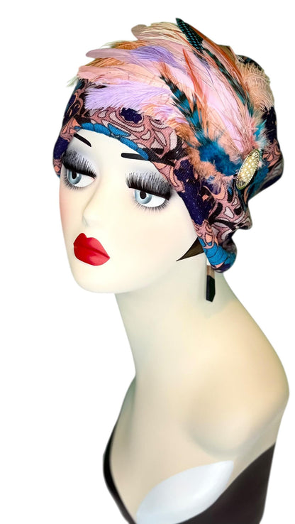 Elegant Roaring 20’s Vibe Feathered Jeweled Hat - Winter Flapper Beanie - Fashionable Skiing Hat
