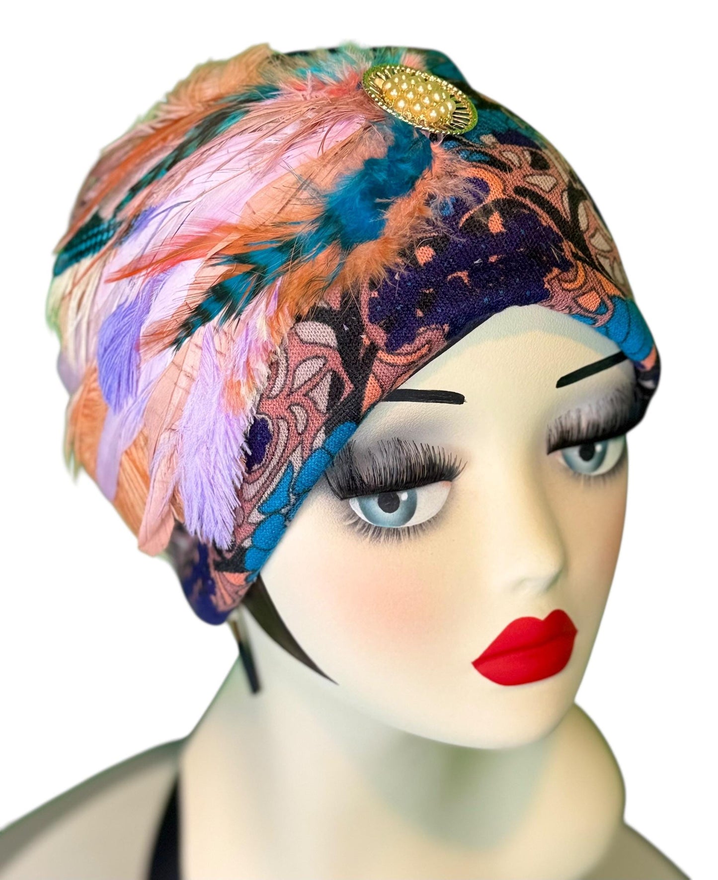Elegant Roaring 20’s Vibe Feathered Jeweled Hat - Winter Flapper Beanie - Fashionable Skiing Hat