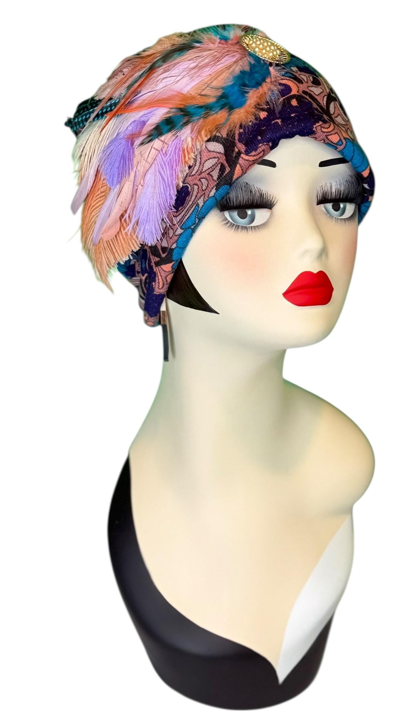 Elegant Roaring 20’s Vibe Feathered Jeweled Hat - Winter Flapper Beanie - Fashionable Skiing Hat