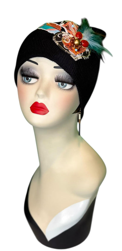 Statement Tribal Patchwork Flapper - Designer Jeweled and Feathered Embellished Knit Hat