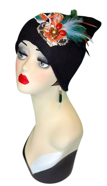 Statement Tribal Patchwork Flapper - Designer Jeweled and Feathered Embellished Knit Hat