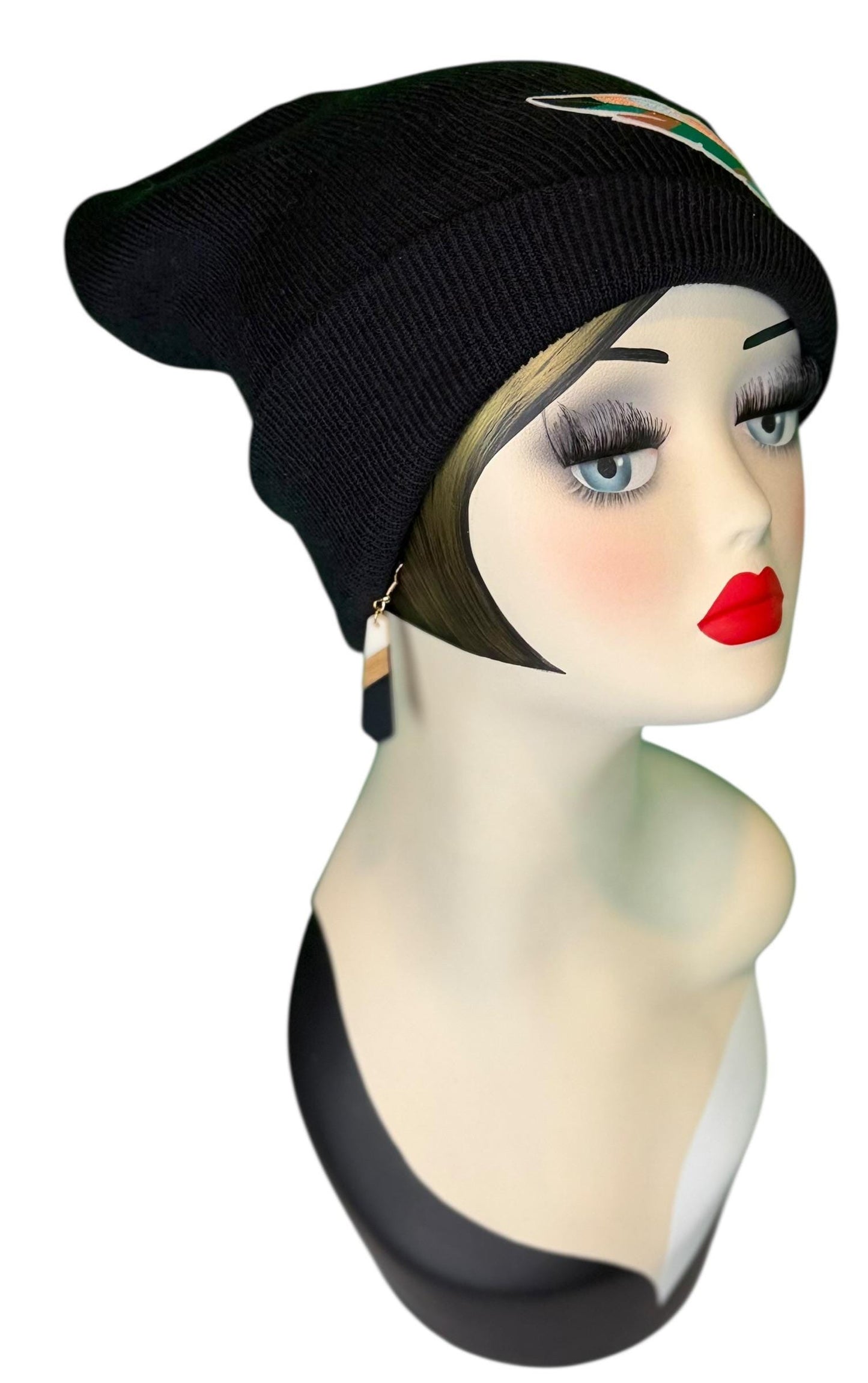 Statement Tribal Patchwork Flapper - Designer Jeweled and Feathered Embellished Knit Hat