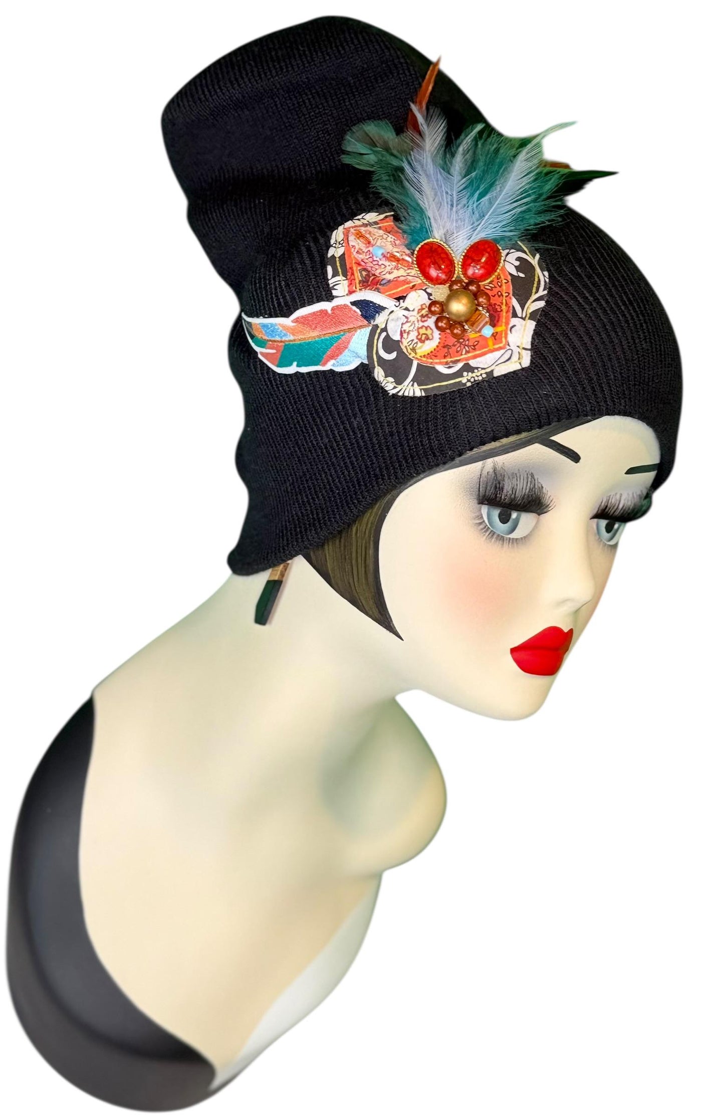 Statement Tribal Patchwork Flapper - Designer Jeweled and Feathered Embellished Knit Hat