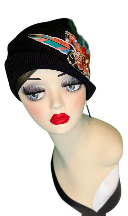 Statement Tribal Patchwork Flapper - Designer Jeweled and Feathered Embellished Knit Hat