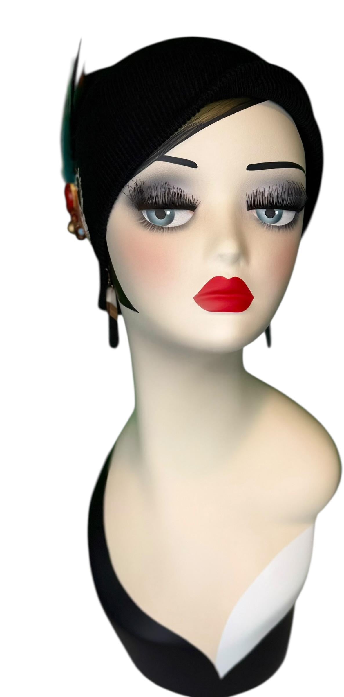 Statement Tribal Patchwork Flapper - Designer Jeweled and Feathered Embellished Knit Hat