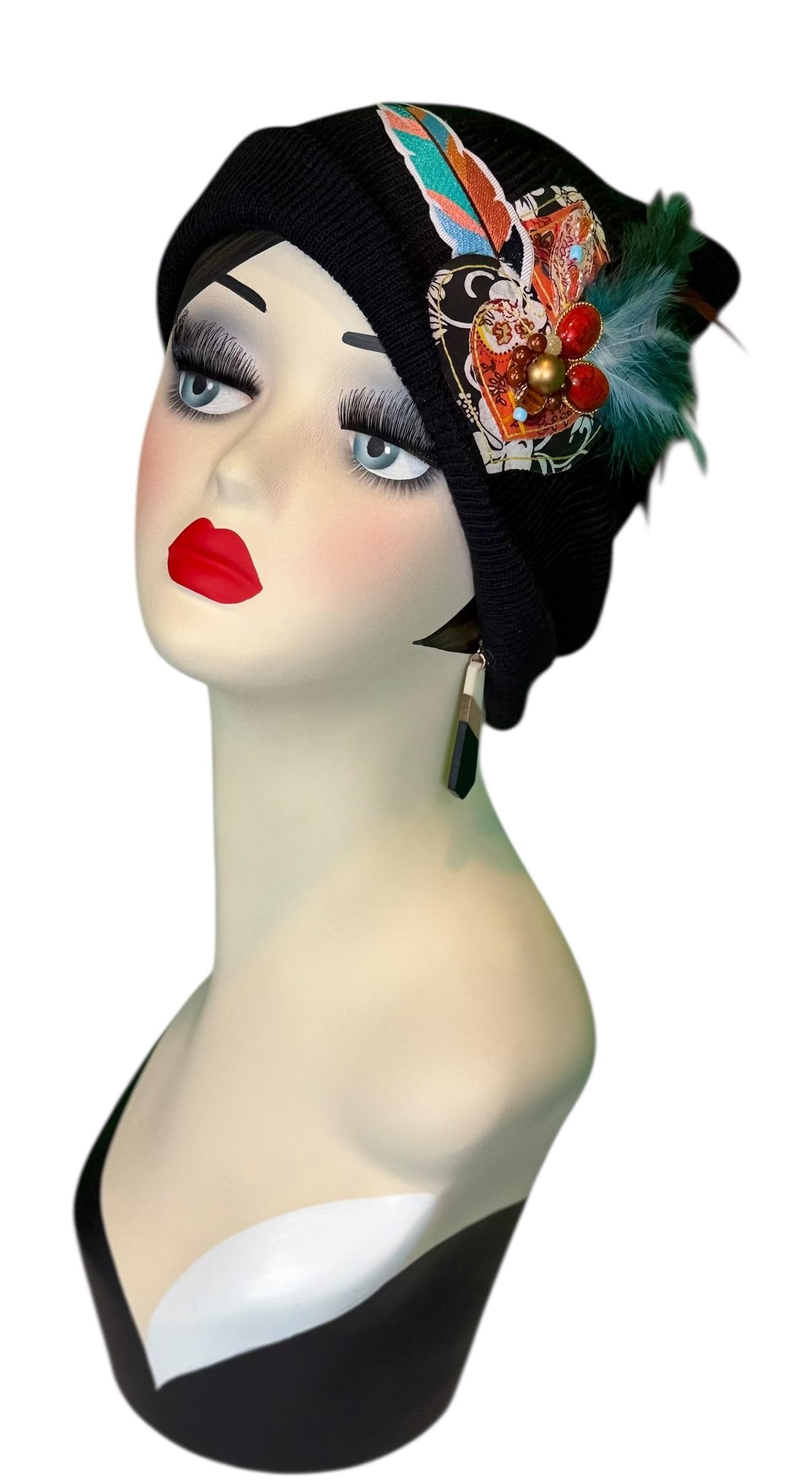 Statement Tribal Patchwork Flapper - Designer Jeweled and Feathered Embellished Knit Hat