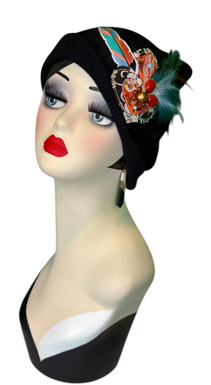 Statement Tribal Patchwork Flapper - Designer Jeweled and Feathered Embellished Knit Hat