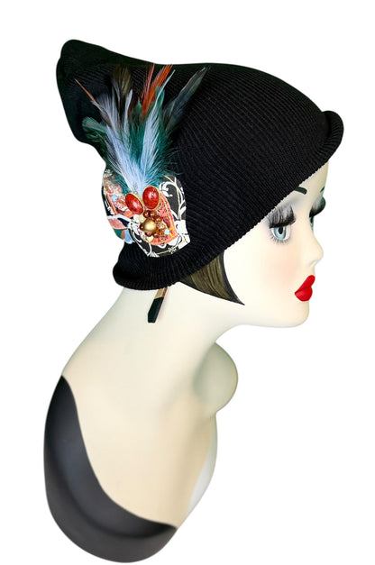 Statement Tribal Patchwork Flapper - Designer Jeweled and Feathered Embellished Knit Hat