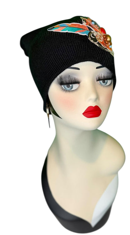 Statement Tribal Patchwork Flapper - Designer Jeweled and Feathered Embellished Knit Hat