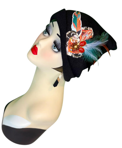 Statement Tribal Patchwork Flapper - Designer Jeweled and Feathered Embellished Knit Hat