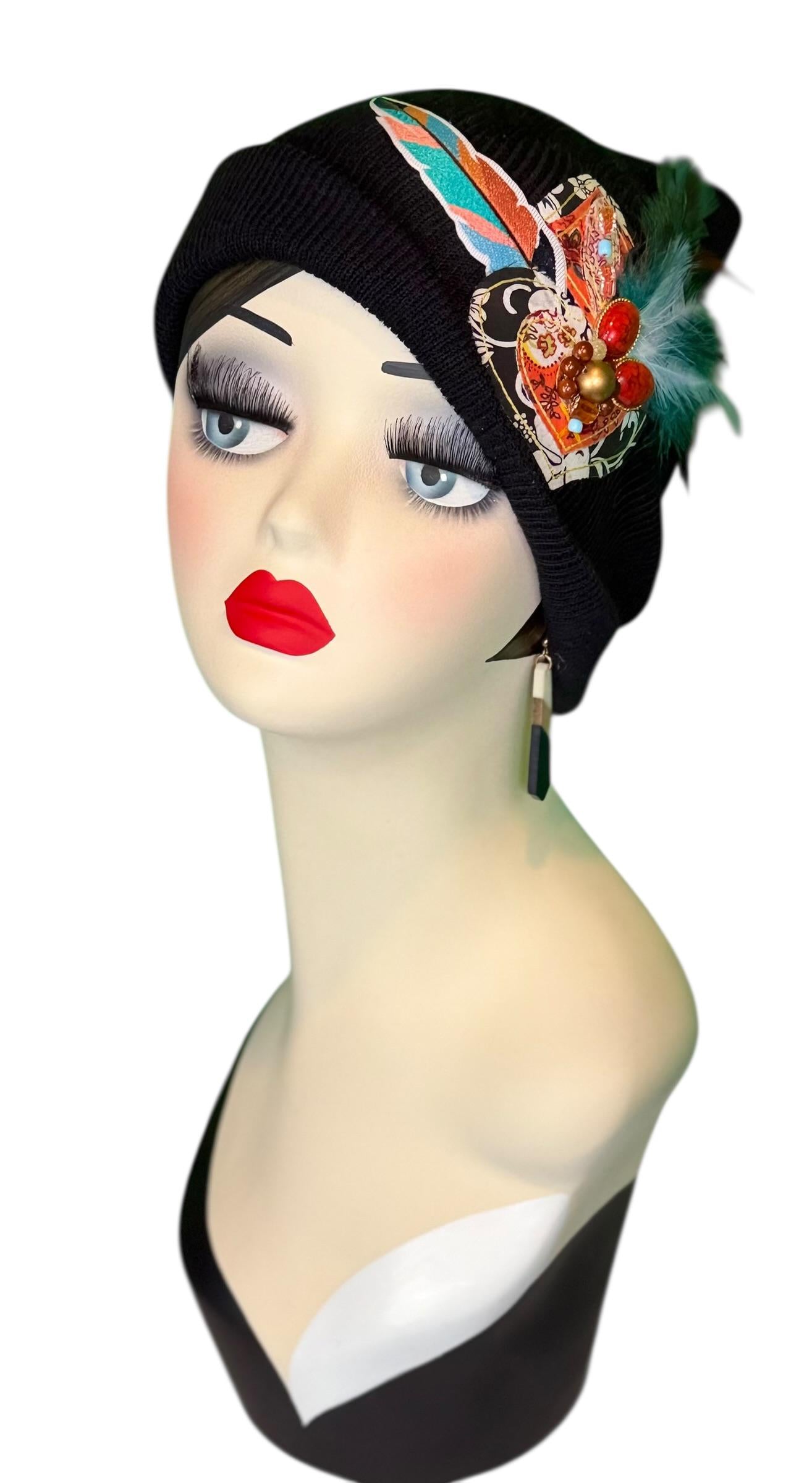 Statement Tribal Patchwork Flapper - Designer Jeweled and Feathered Embellished Knit Hat