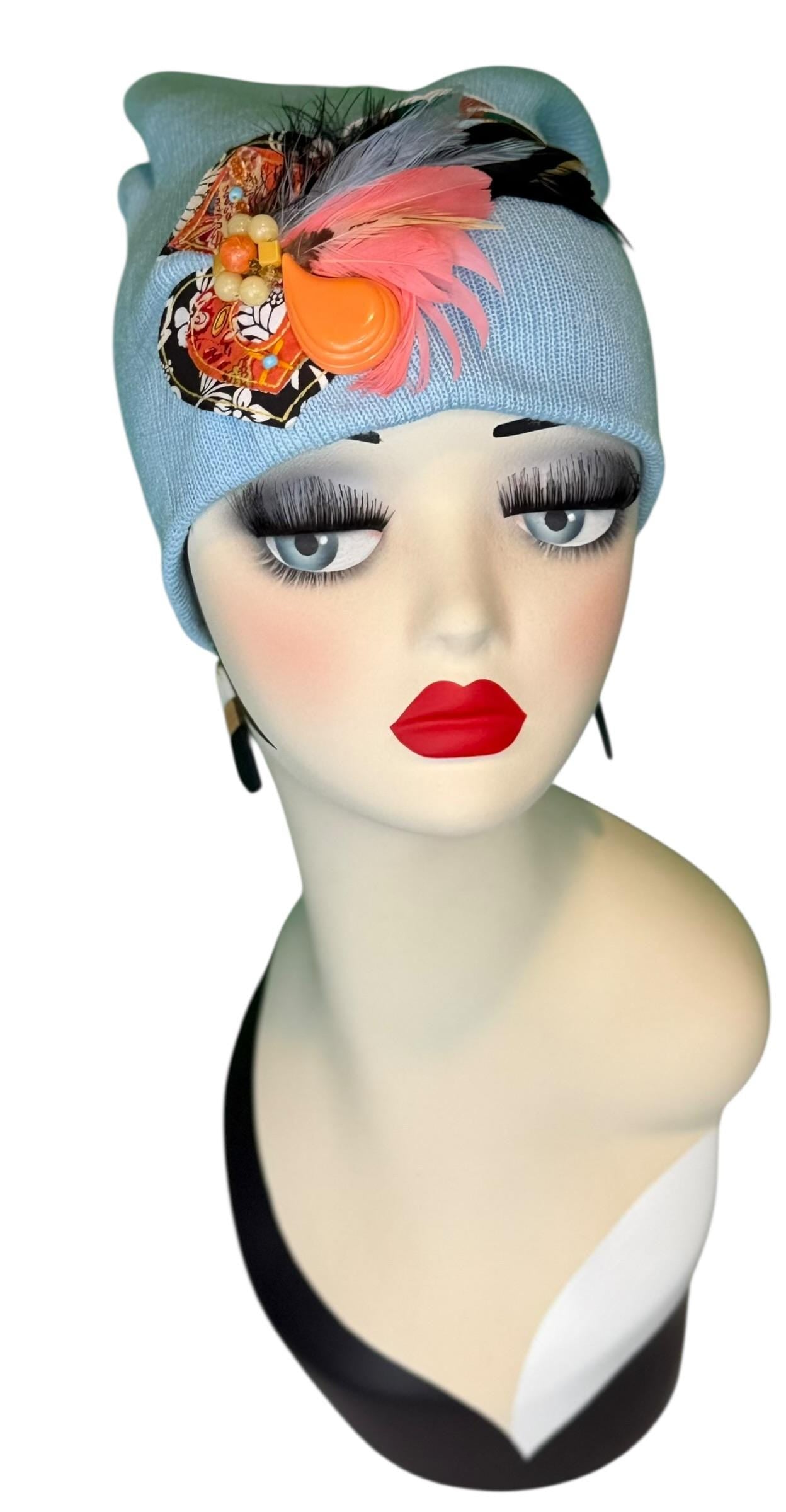 Statement Tribal Patchwork Flapper - Designer Jeweled and Feathered Embellished Knit Hat