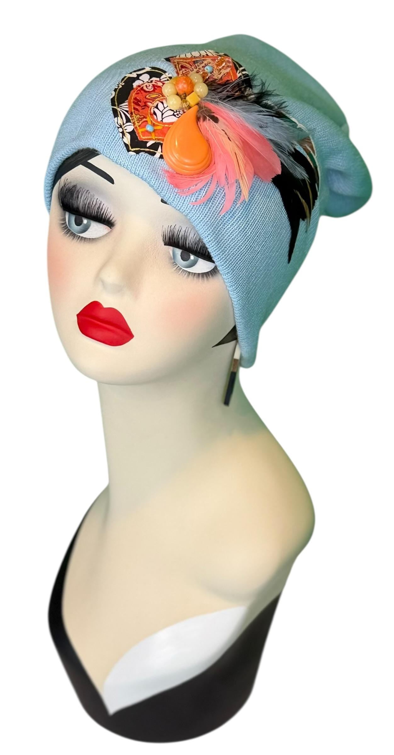 Statement Tribal Patchwork Flapper - Designer Jeweled and Feathered Embellished Knit Hat