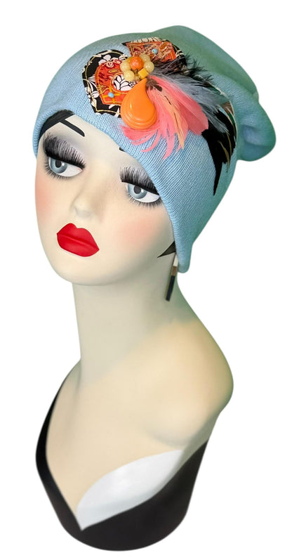 Statement Tribal Patchwork Flapper - Designer Jeweled and Feathered Embellished Knit Hat