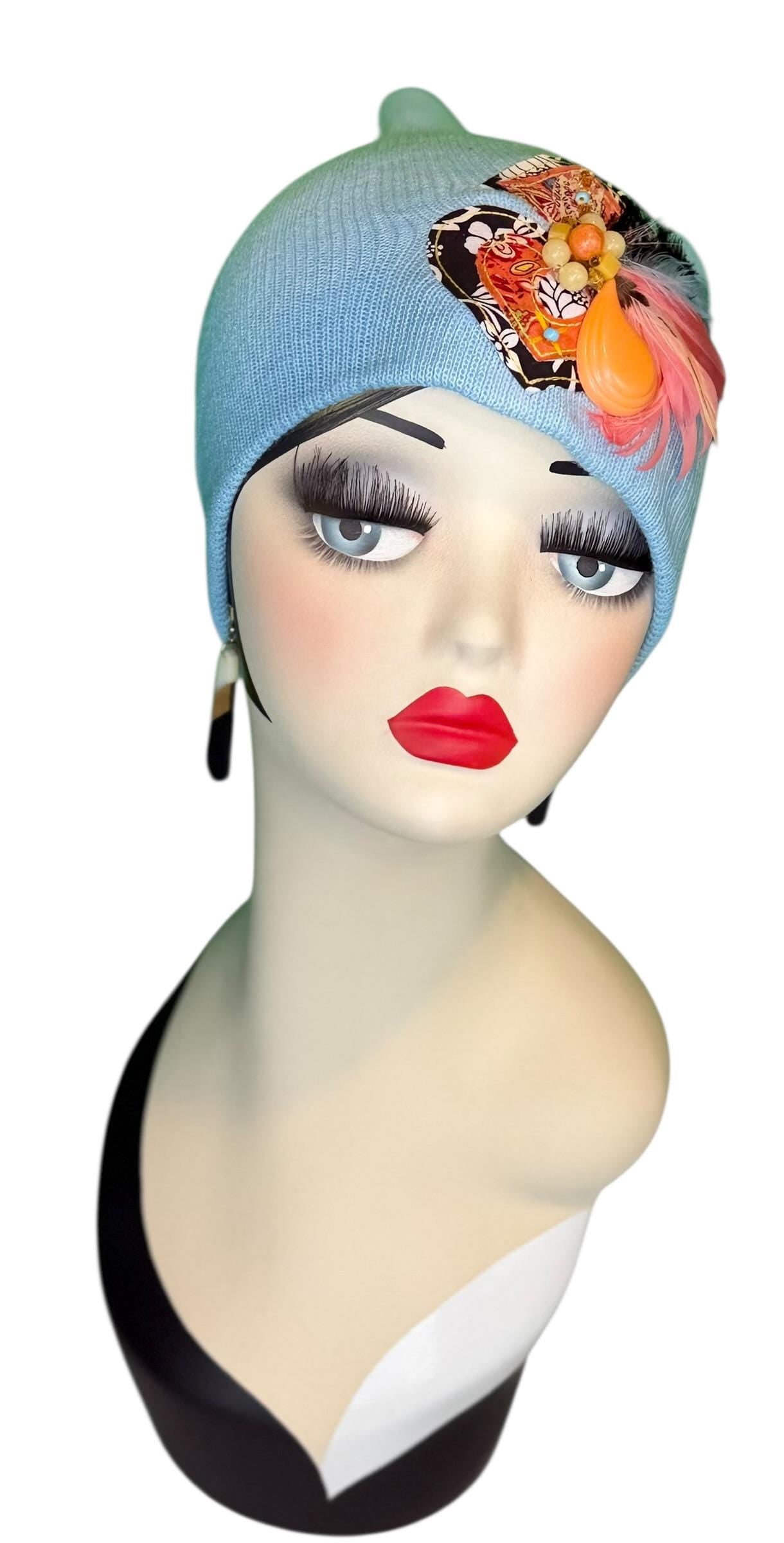 Statement Tribal Patchwork Flapper - Designer Jeweled and Feathered Embellished Knit Hat
