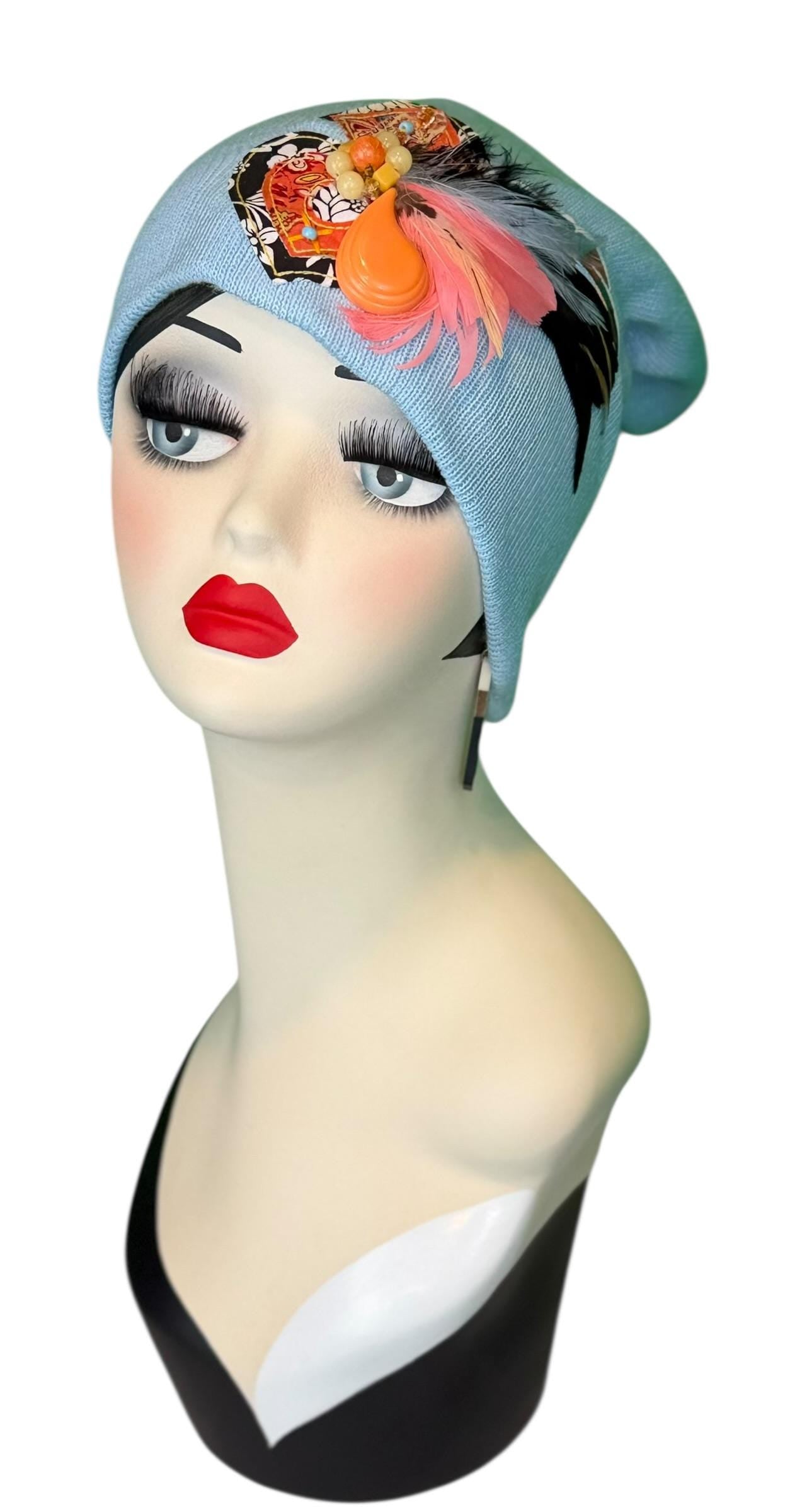 Statement Tribal Patchwork Flapper - Designer Jeweled and Feathered Embellished Knit Hat