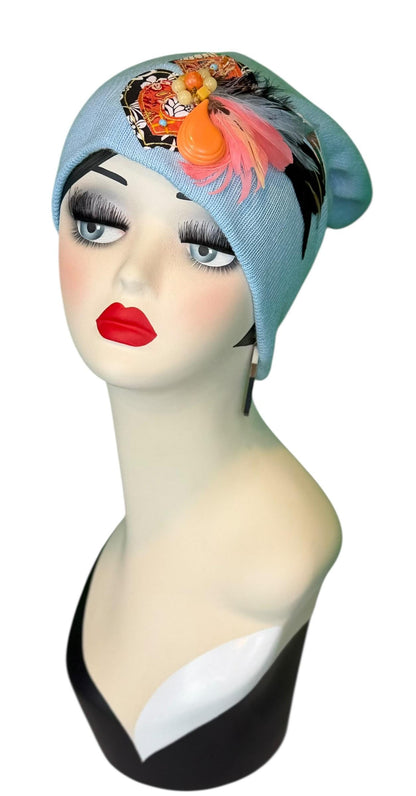 Statement Tribal Patchwork Flapper - Designer Jeweled and Feathered Embellished Knit Hat