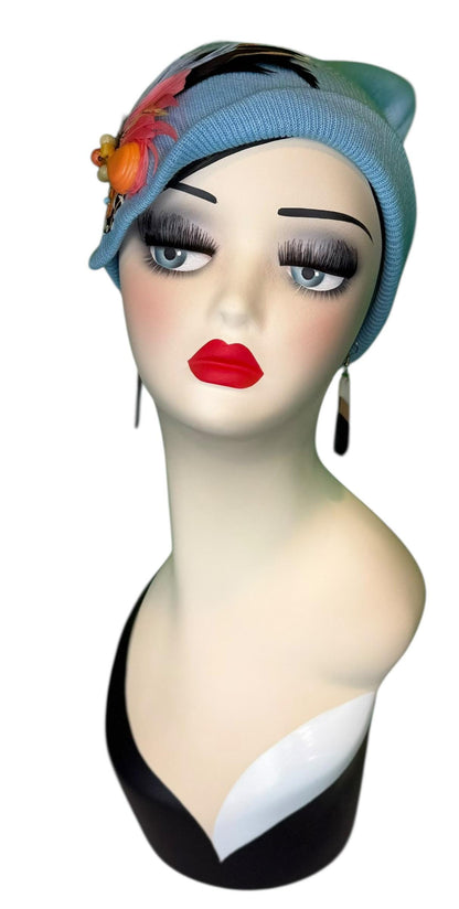 Statement Tribal Patchwork Flapper - Designer Jeweled and Feathered Embellished Knit Hat
