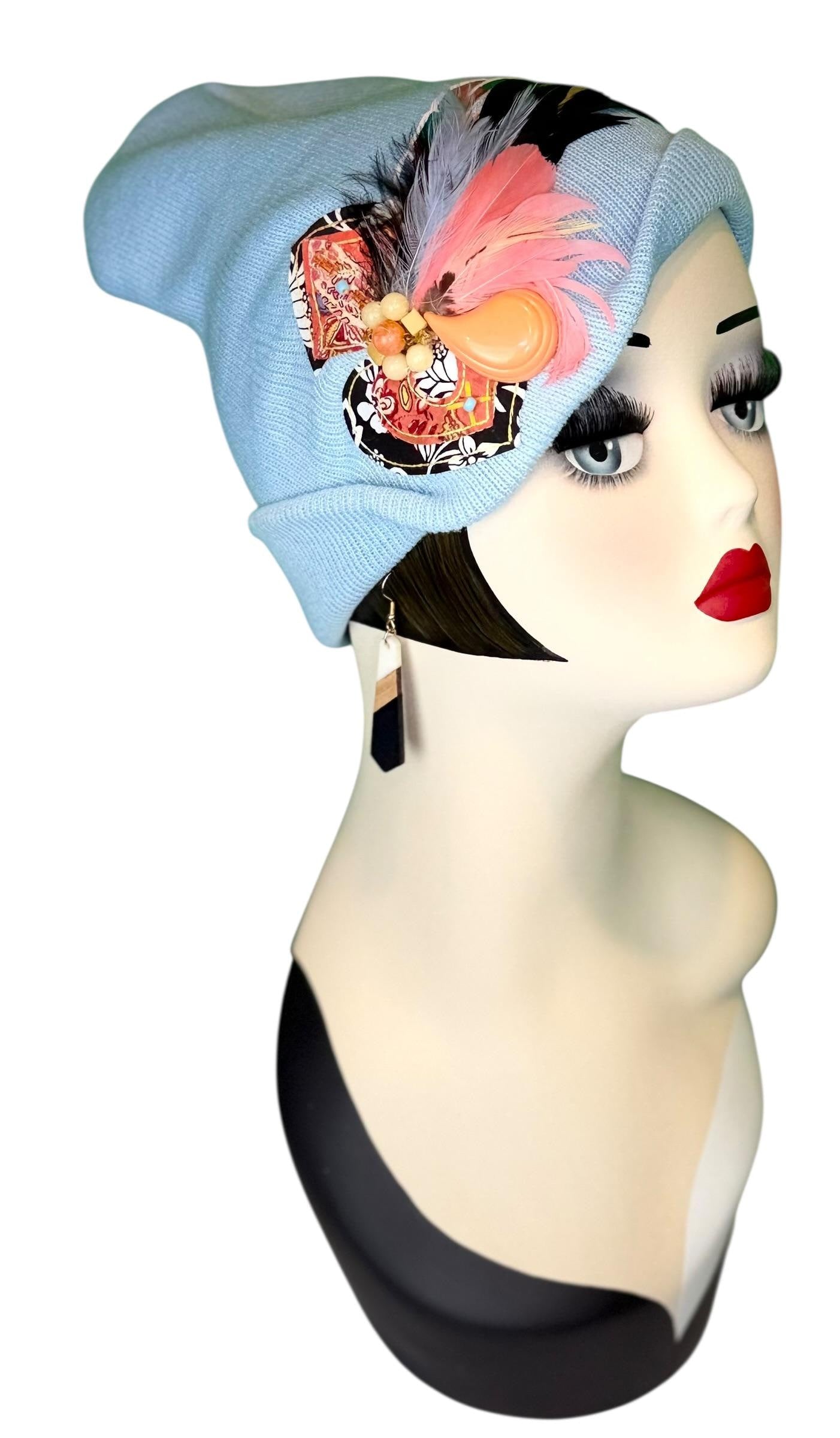 Statement Tribal Patchwork Flapper - Designer Jeweled and Feathered Embellished Knit Hat