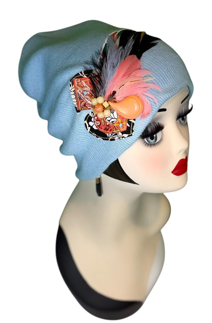 Statement Tribal Patchwork Flapper - Designer Jeweled and Feathered Embellished Knit Hat